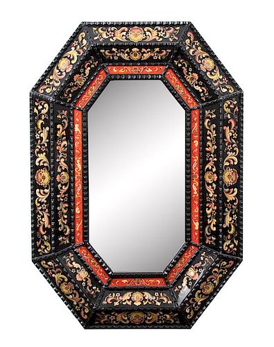 An Octagonal Cushion Framed Ebonized Mirror Inset Panels Height 50 x width 35 inches.