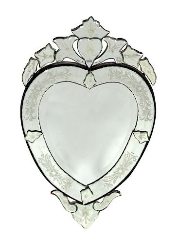 A Venetian Glass Heart-Shaped Mirror Height 31 1/4 x width 19 inches.