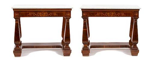 A Pair of Neoclassical Marquetry Satinwood Marble Top Pier Tables Height 38 1/2 x width 44 1/2 x depth 21 1/2 inches.