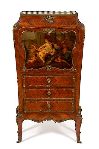 A Louis XV Style Secretaire A Abattant with Vernis Martin Decoration and Gilt Bronze Mounts Height 52 inches.