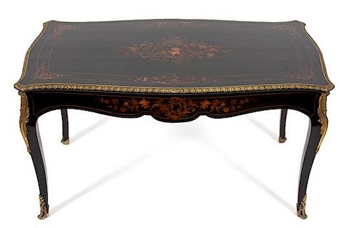A Louis XV Style Gilt Metal Mounted Ebonized and Marquetry Center Table Height 29 1/2 x width 53 1/4 x depth 30 inches.