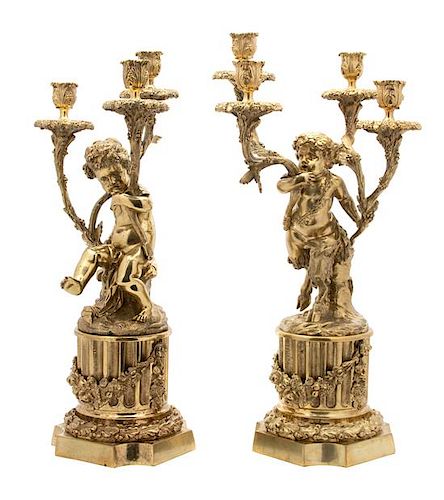 A Pair of Louis XVI Style Gilt Bronze Candelabra Height 21 x width 9 x depth 11 inches.