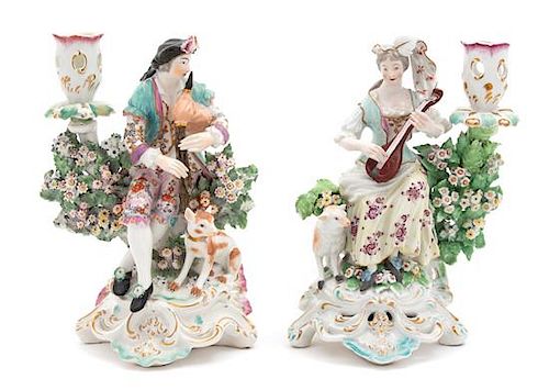A Pair of Bow Porcelain Figures of Musicians Height 8 5/8 inches.