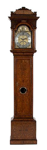 A William & Mary Marquetry Tall Case Clock Height 96 x width 20 1/2 x depth 11 inches.