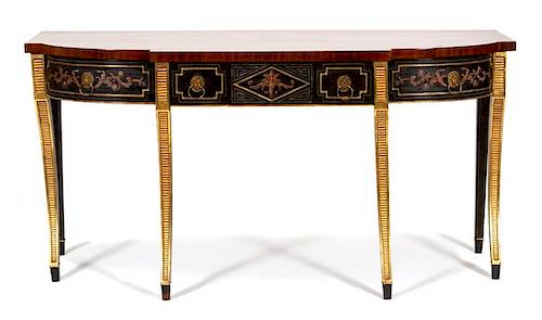 A Regency Style Ebonized, Parcel Gilt and Mahogany Console Table Height 35 3/4 x width 71 x depth 29 1/2 inches.