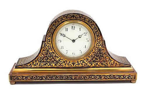 An Edwardian Boulle Brass Inlaid Mantel Clock Height 6 3/4 x width 12 x depth 3 3/4 inches.