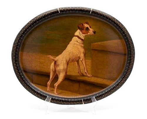 An English Jack Russell Dog Painting Papier Mache Oval Tray Width 24 x depth 19 inches.