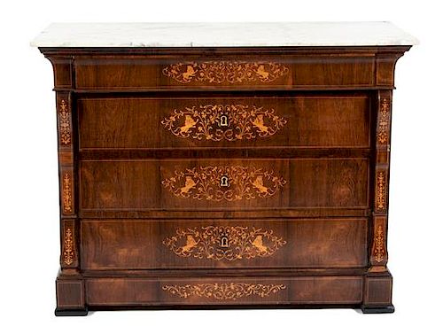An American Empire Marquetry Inlaid Mahogany Chest of Drawers Height 40 1/2 x width 51 1/2 x depth 25 inches.