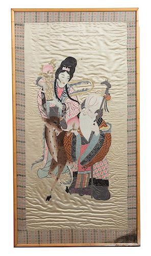 A Chinese Silk Embroidered Panel Height framed 65 x width 34 inches.
