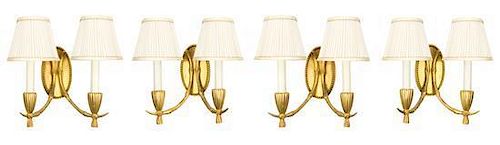 A Set of Four Gilt Bronze Two-Light Sconces Height 11 1/2 inches.