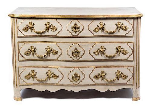 A Louis XV Painted and Parcel Gilt Commode Height 33 1/4 x width 51 1/4 x depth 25 1/2 inches.