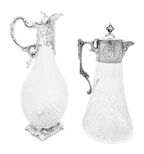 Two Silver-Plate Mounted Molded Glass Ewers Height of taller 11 3/4 inches.