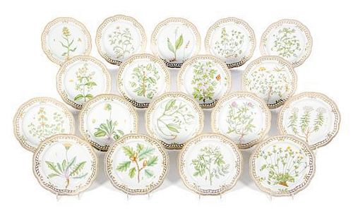A Set of Eighteen Royal Copenhagen Flora Danica Dinner Plates Diameter 11 1/4 inches.
