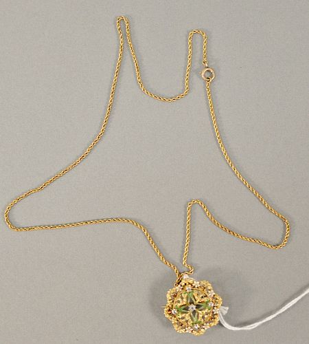 14 karat gold Enameled pin/pendant with five small diamonds on 14 karat gold chain, total weight 10.1 grams.