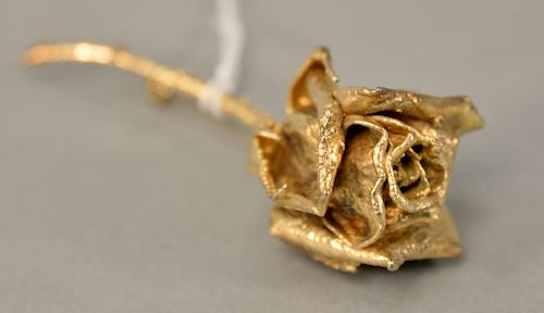 Flora Danica S.S. rose brooch dipped in 14 karat gold, marked Flora Danica Eggert Denmark, in original box, lg. 3 3/4 in.