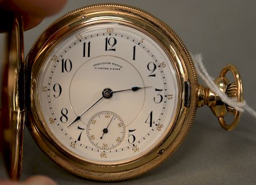 14 karat gold pocket watch with closed face, D. Gruen and Sons Dresden, 102.8 grams, 52 mm.