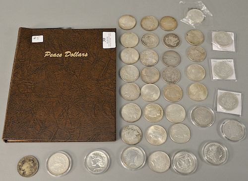 Dansco Brown album: "Peace Dollars" plus miscellaneous U.S. silver $1.00's (38) pieces includes 1921 peace $1.00, (7) 1921 Morgan do...