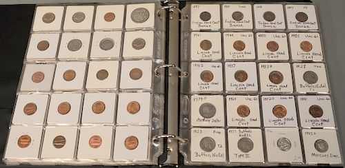 Large black loose leaf binder (10 pages) of coins to include early copper silver dollars, trade dollar proof commemoratives, unc. Morgan silver dollar