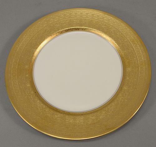 Set of twelve Pickard dinner plates having gold rim marked Pickard and stamped Heinrich & Co. dia. 11 in.