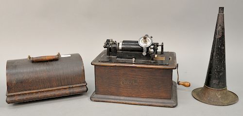 Thomas Edison phonograph model H in oak case with small horn. ht. 11 in., wd. 12 in.