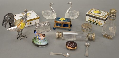 Twelve piece lot to include curios, perfumes, battersea boxes, stone boxes, and pair of swan salts. ht. 3/4'' to 4 1/2''