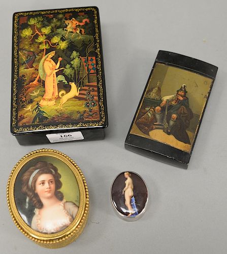 Four boxes including Russian enameled tin painted cigarette box with painted interior scene having soldier, painted paper mache box signed illegibly, 
