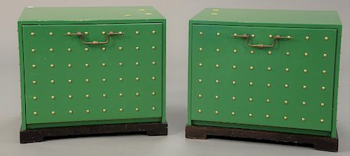 Pair of Tommi Parzinger (1903-1981) Parzinger originals, studded cabinet green lacquered cabinet with drop front door opening to pul...