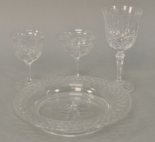 Group of thirty four assorted crystal and glass to include set of eleven cut crystal plates, two sets of eight etched stem glasses, ...