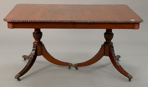 Fineberg mahogany dining table, rectangular in form with rope edge on double pedestal base with one 15 inch leaf, by Fineberg, Hartford, Connecticut. 