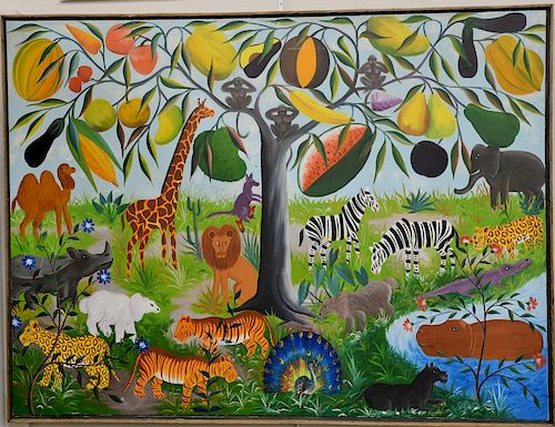 Fernand Pierre (1919-2002), oil on canvas, fruit tree jungle with animals, signed lower right: F. Pierre, 36'' x 48''