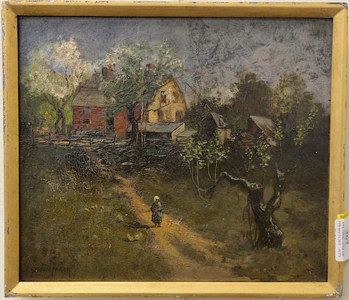 George William Whitaker (1841-1916), oil on panel, country farm landscape with barn, signed lower left G.W. Whitaker. 9 3/4" x 11"
