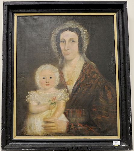 19th century portrait of a woman with a child in a white dress. 28" x 23"
