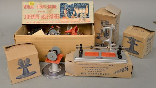 Five piece group to include line mar vertical steam engine with three operative accessories, in original box, four Wilesco items, Bo...
