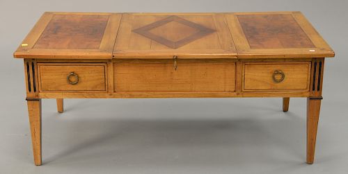 Coffee table with slide center, two drawers, and burlwood panels. ht. 20 in., top: 49" x 28"