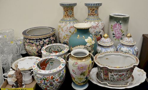Large group of porcelain and china to include pair of chinese pots, nippon vase, satsuma vase, famille rose bowls, pair of Oriental ...