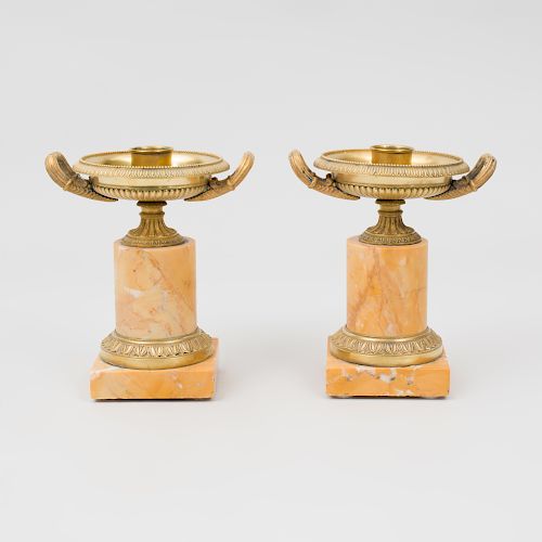 Pair of Charles X Style Gilt-Metal-Mounted Marble Candlesticks