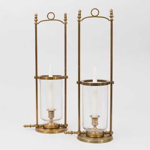 Pair of Brass and Glass Hurricanes with Adjustable Shades
