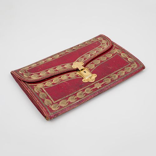 Turkish Gilt-Metal-Mounted and Embroidered Red Leather Clutch