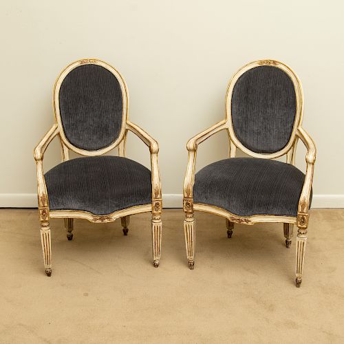 Pair of Italian Neoclassical Parcel-Gilt Armchairs