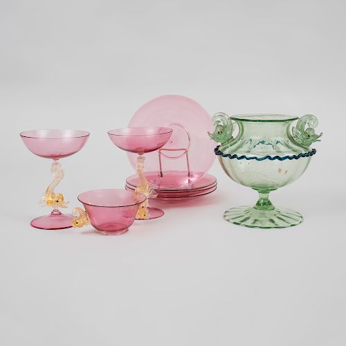 Group of Venetian Cranberry and Internally Decorated Glass Stemwares and Tablewares