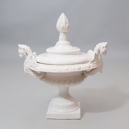 White Glazed Urn and Cover with Gargoyle Form Handles