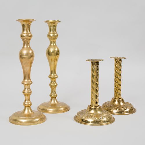 Two Pairs of Continental Brass Candlesticks