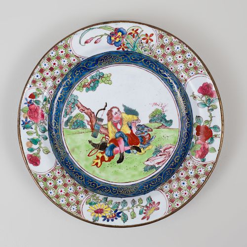 Small Chinese Export Enamel Decorated Dish with a European Scene