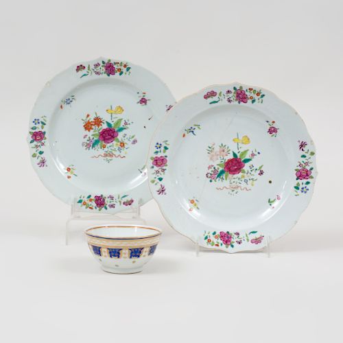 Pair of Chinese Export Famille Rose Porcelain Dishes and a Persian Market Teabowl