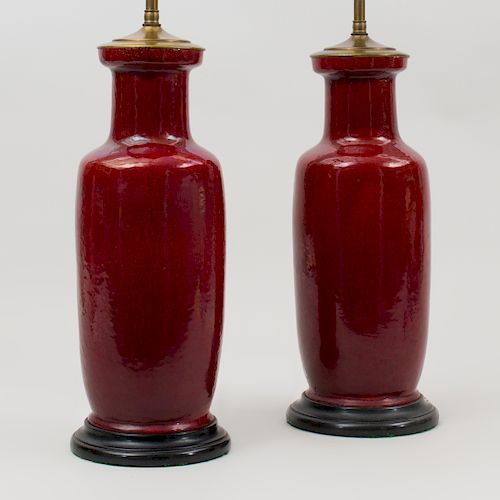 Pair of Chinese Copper Red Porcelain Vases, Mounted as Lamps