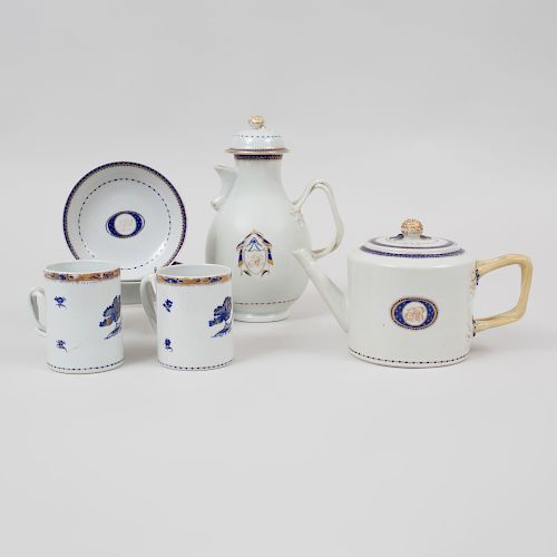 Group of Chinese Export Porcelain Gilt and Cobalt Decorated Monogrammed Tea and Coffee Wares