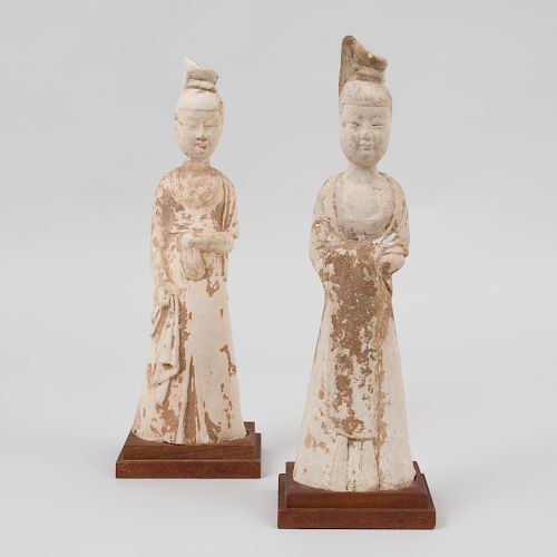 A Pair of Chinese Painted Pottery Figures of Court Ladies