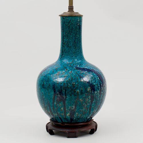 Chinese Mottle Blue Glazed Porcelain Bottle Vase, Mounted as a Lamp