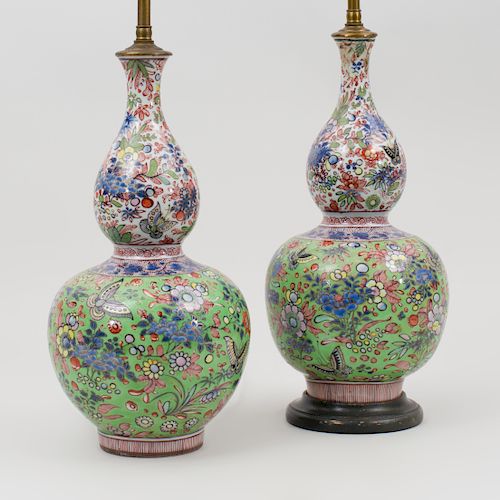 Pair of Chinese Famille Rose Porcelain Double Gourd Form Vases, Mounted as Lamps