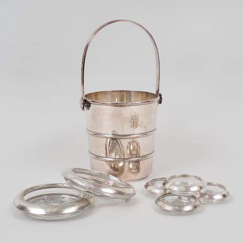 Gorham Silver Plate Ice Bucket and Six American Silver-Mounted Cut Glass Coasters